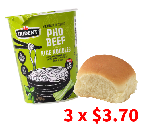 Credit your Account with 3 Hot cups of Trident Pho Beef Instant Noodles & a Fresh Bun Combos! (Pickup at Auckland Central store)
