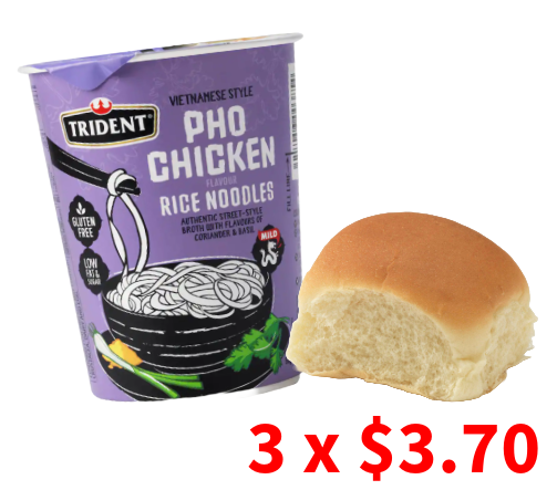 Credit your Account with 3 Hot cups of Trident Pho Chicken Instant Noodles & a Fresh Bun Combos! (Pickup at Auckland Central store)