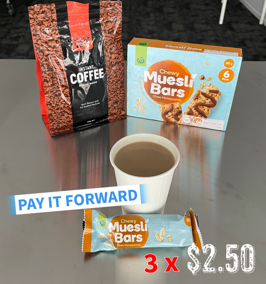 PAY IT FORWARD! 3 Patchy's Coffee Muesli Bar Combos will be given to HOMELESS people! (Pickup at Auckland Central store)